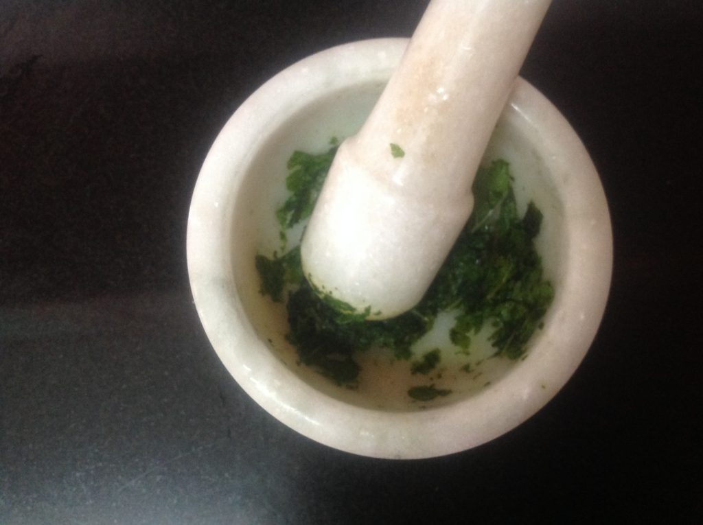 Crushing the mint leaves with mortar and pestle 