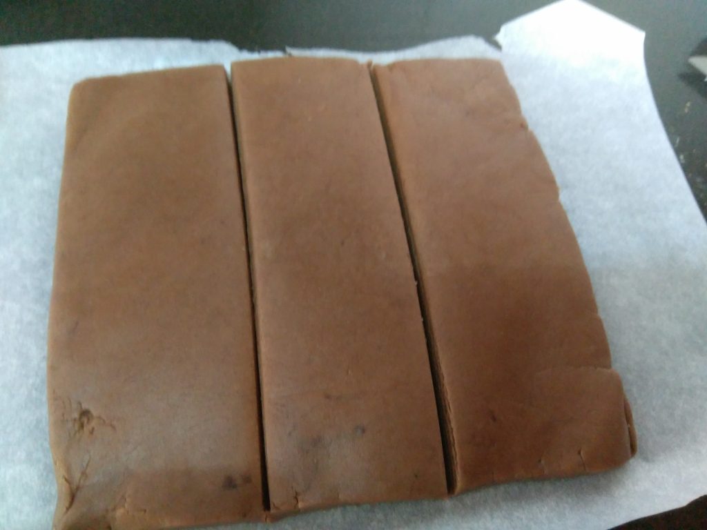 Chocolate dough into 3 equal slabs.